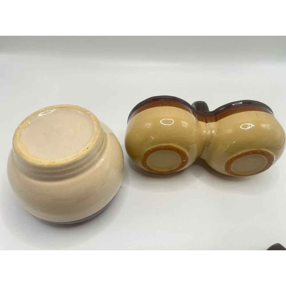 Vintage Two Tone Brown Tan Stoneware Sugar Bowl and Double Jam Jelly Server Set